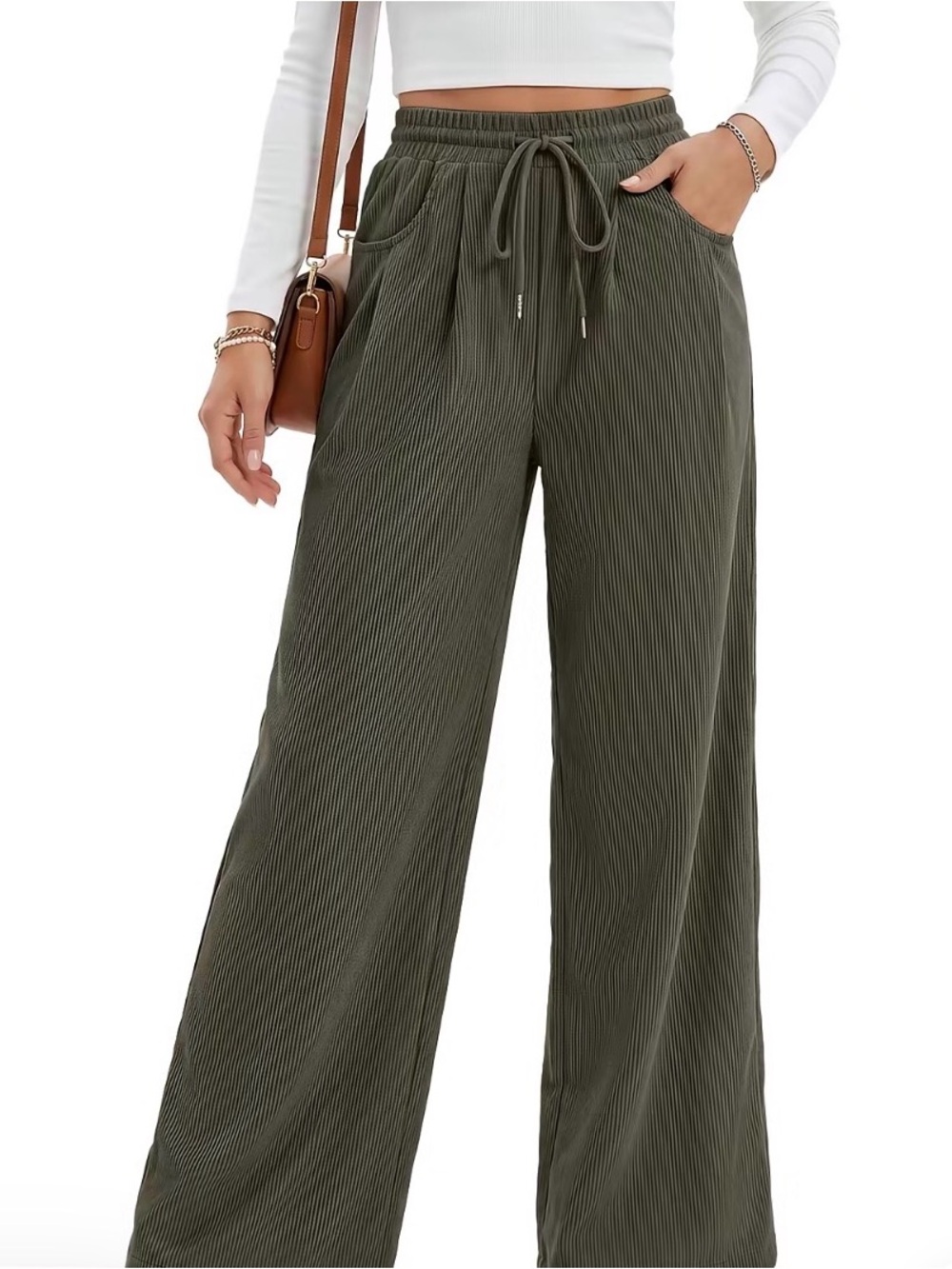 Olive Wide-Leg Drawstring Pants with Pockets